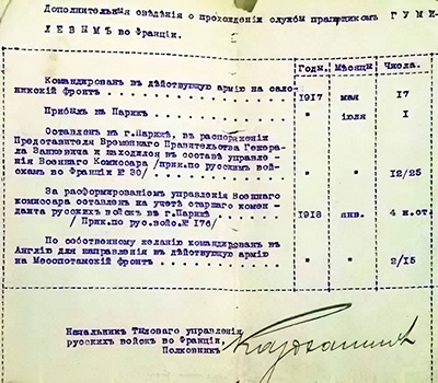 Лист из «Послужного списка прапорщика Гумилёва»