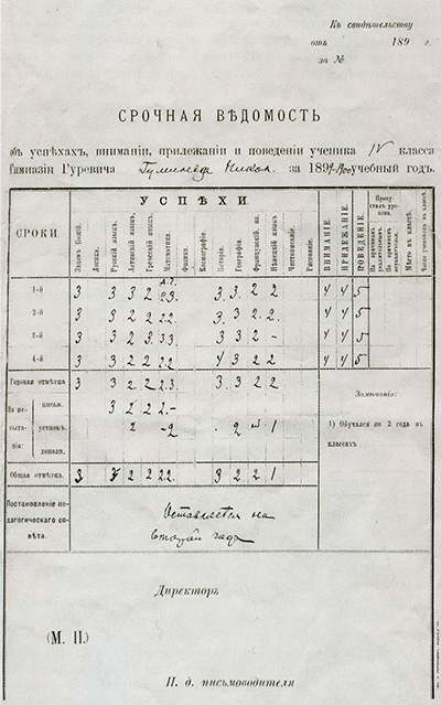 Срочная ведомость за 4-й класс гимназии